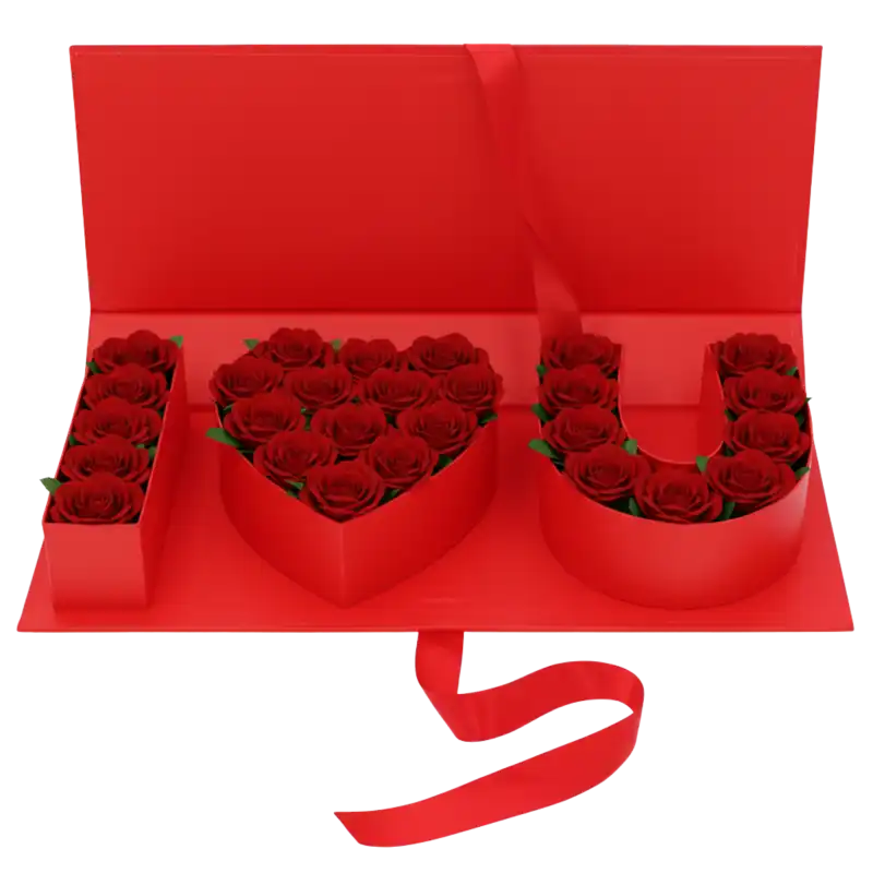 Czerwony flowerbox z napisem I♡U wypełniony żywymi różami, gotowa kompozycja prezentowa o szerokości 45 cm.