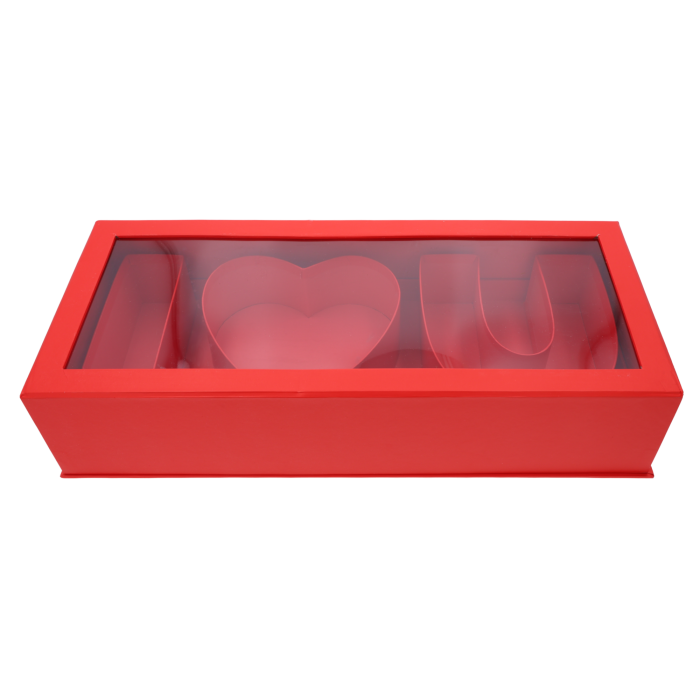 Flowerbox z napisem I love you 45 cm to luksusowy box prezentowy z transparentną pokrywką, który efektownie eksponuje kwiaty i podkreśla uczucia.