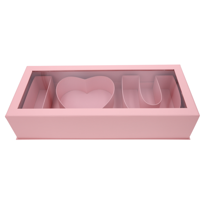 Flowerbox z napisem I love you 45 cm to luksusowy box prezentowy z transparentną pokrywką, który efektownie eksponuje kwiaty i podkreśla uczucia.