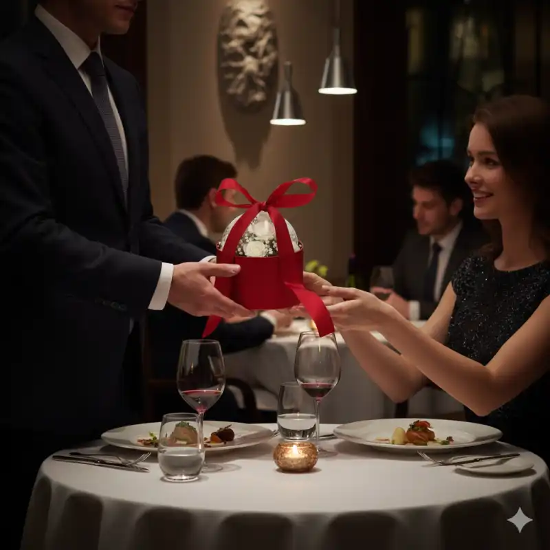 Mężczyzna wręcza kobiecie czerwony flower box z kwiatami w eleganckim wnętrzu restauracji przy stoliku.