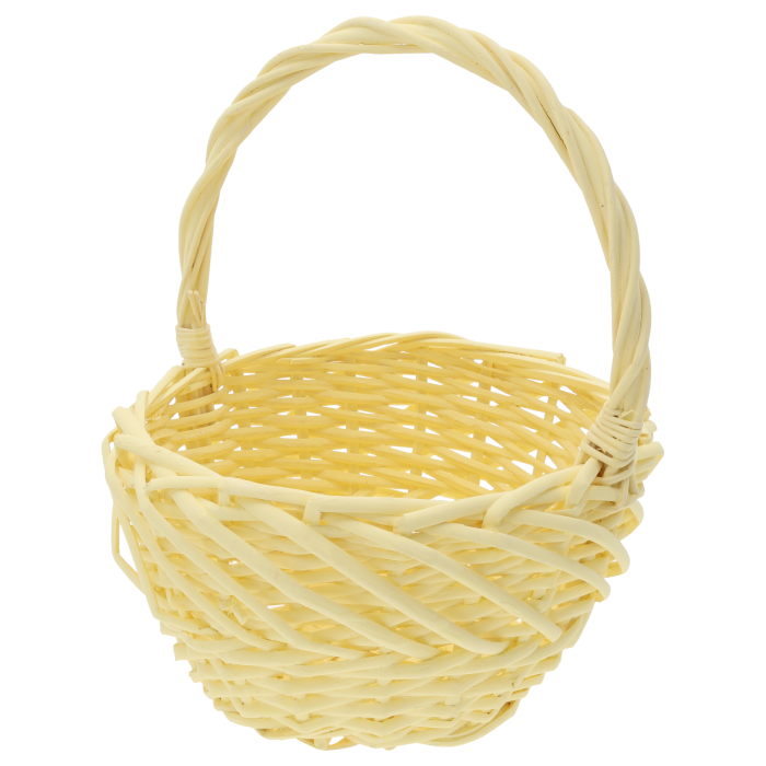 żółty kosz wiklinowy 23 cm okrągły, idealny na wielkanocną święconkę i zestawy prezentowe, kosz do stroików, owoców i dekoracji domu w pastelowym kolorze, lekki i stabilny z rączką