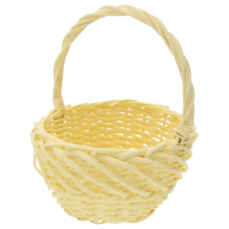 Żółty okrągły kosz wiklinowy o średnicy 23 cm. Praktyczny kosz w rozmiarze M o naturalnym splocie, idealny jako koszyki na święconkę i dekoracja.