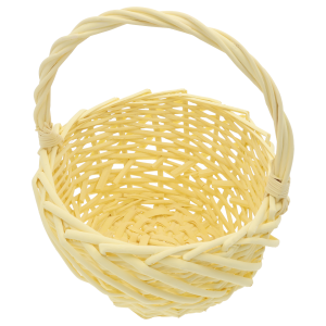 Wiosenny żółty kosz wiklinowy z rączką, ukazany pod lekkim kątem od góry, prezentujący głębokość 11 cm i estetyczny splot.