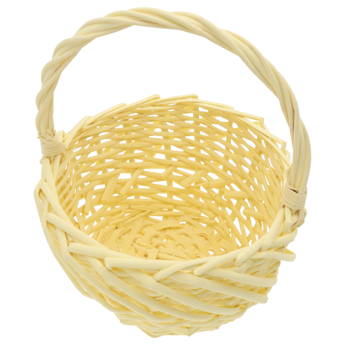okrągły kosz wiklinowy 23 cm w kolorze żółtym, naturalna wiklina, kosz wielkanocny dla dzieci, kosz prezentowy, dekoracja stołu i wnętrz, praktyczny i estetyczny dodatek na wiosenne aranżacje 250 znaków.