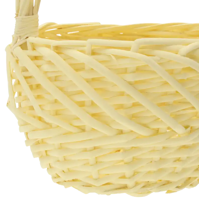 Zbliżenie na ażurowy splot naturalnej wikliny w pastelowym żółtym kolorze. Widoczne detale wykonania kosza o średnicy 23 cm.