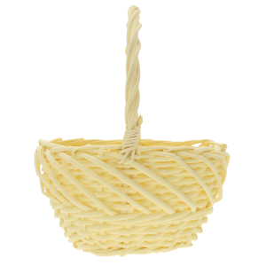 Profil kosza wiklinowego w kolorze żółtym. Rączka ustawiona pionowo eksponuje wysokość 27 cm i lekkość konstrukcji.