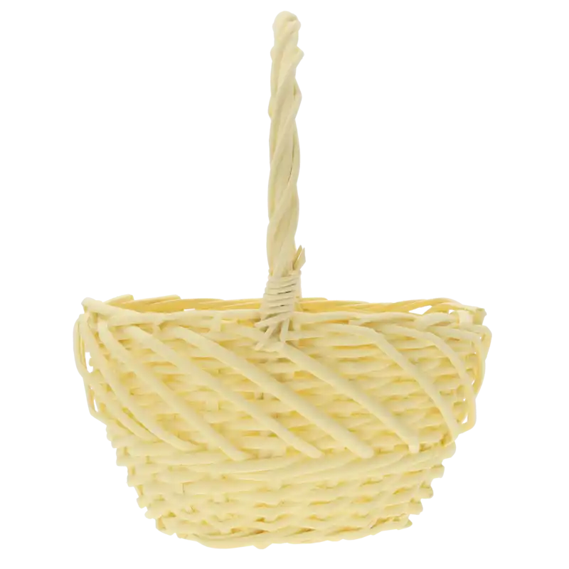 Profil kosza wiklinowego w kolorze żółtym. Rączka ustawiona pionowo eksponuje wysokość 27 cm i lekkość konstrukcji.