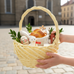 Koszyki na święconkę w użyciu. Żółty kosz z wikliny wypełniony pisankami, barankiem i chlebem, trzymany przez osobę na zewnątrz.