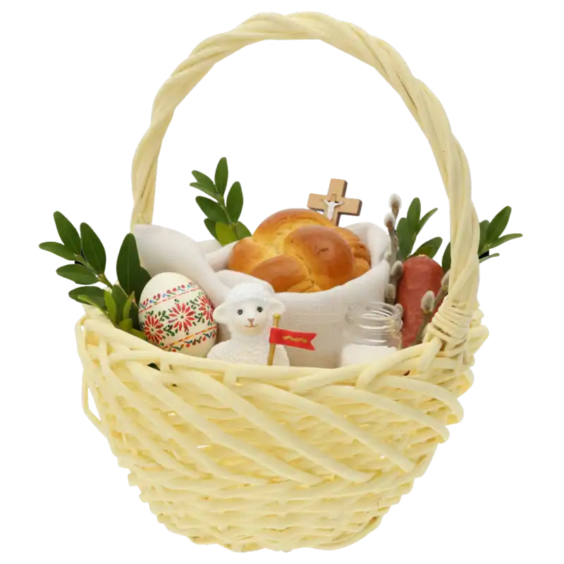 Aranżacja na Wielkanoc w żółtym koszu wiklinowym. Kompozycja z pisanek, chleba i bukszpanu w koszu o średnicy 23 cm.