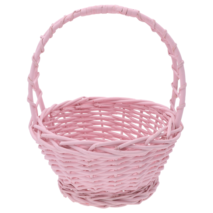 Okrągły różowy kosz wiklinowy o średnicy 25 cm. Estetyczny koszyk na święconkę w rozmiarze M z wygodną rączką, idealny do kompozycji kwiatowych.