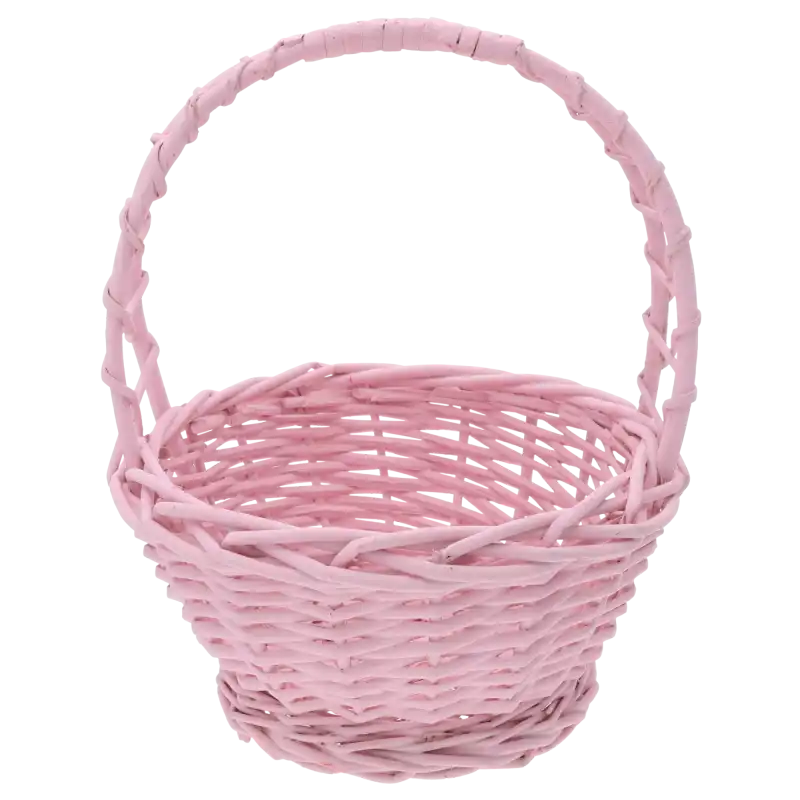 Okrągły różowy kosz wiklinowy o średnicy 25 cm. Estetyczny koszyk na święconkę w rozmiarze M z wygodną rączką, idealny do kompozycji kwiatowych.