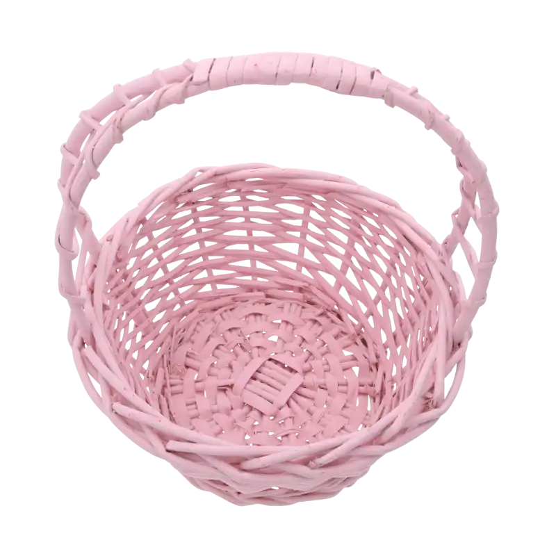 Różowy kosz wiklinowy 25 cm widziany z góry, prezentujący głębokość 9 cm oraz precyzyjny splot naturalnej wikliny w estetycznym kolorze.