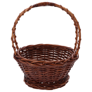 Okrągły brązowy kosz wiklinowy o średnicy 25 cm z wygodną rączką. Naturalny koszyk w rozmiarze M, doskonały jako baza na święconkę, kwiaty lub upominki.