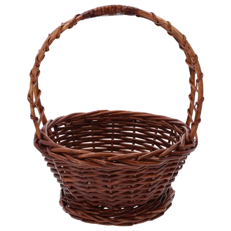 Okrągły brązowy kosz wiklinowy o średnicy 25 cm z wygodną rączką. Naturalny koszyk w rozmiarze M, doskonały jako baza na święconkę, kwiaty lub upominki.