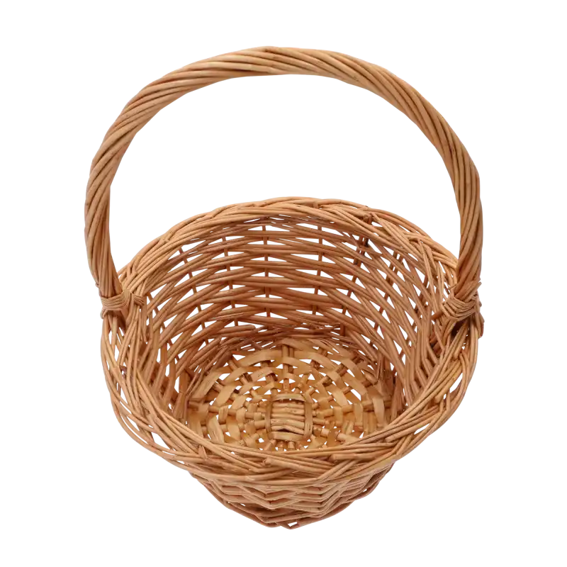 Wnętrze okrągłego kosza wiklinowego o średnicy 25 cm. Dobrze widoczna struktura splotu oraz dno kosza, które sprawdzi się w domowych kompozycjach.
