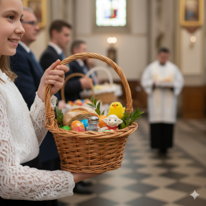 Dziewczynka trzymająca w dłoniach okrągły kosz wiklinowy wypełniony wielkanocnymi ozdobami podczas uroczystości w kościele.