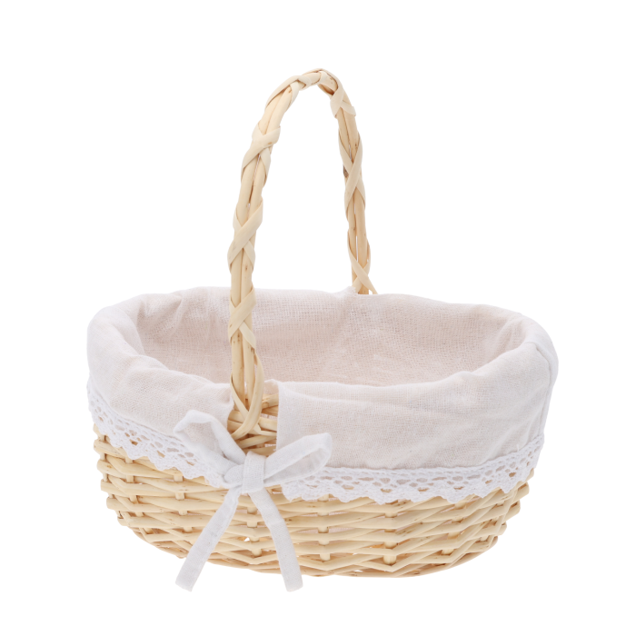 Naturalny owalny kosz wiklinowy o wymiarach 22x16 cm, rozmiar S, z wyjmowanym materiałem i ozdobną koronką z kokardką.