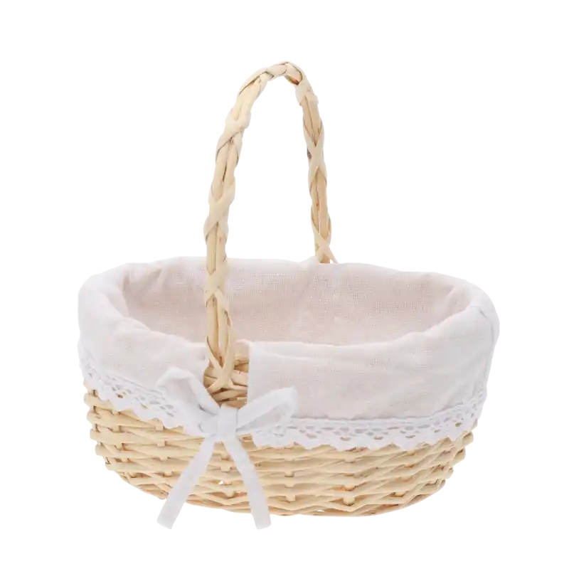 Naturalny owalny kosz wiklinowy o wymiarach 22x16 cm, rozmiar S, z wyjmowanym materiałem i ozdobną koronką z kokardką.