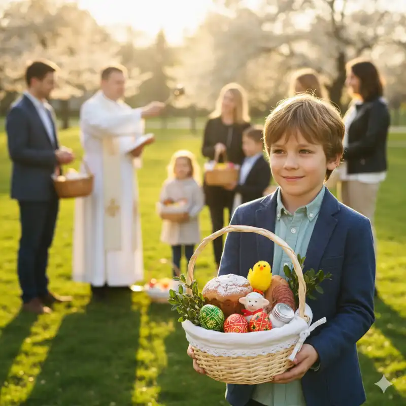 Chłopiec trzymający w dłoniach wiklinowy koszyk z wielkanocną zawartością, w tle rozmyty plener z rodzinami.