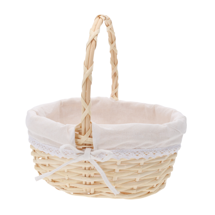 Owalny kosz wiklinowy o wymiarach 25x21 cm z wyjmowanym materiałem w rozmiarze M. Klasyczna plecionka z rączką idealna jako koszyk na święconkę.
