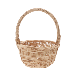 Okrągły naturalny kosz wiklinowy o średnicy 15 cm i wysokości 20 cm z rączką. Estetyczna baza na święconkę i stroiki.
