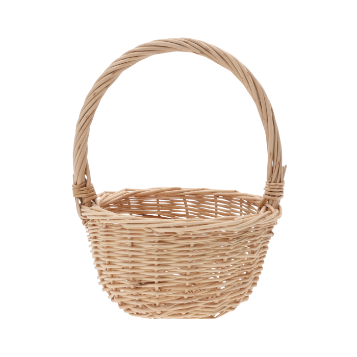 Okrągły naturalny kosz wiklinowy o średnicy 15 cm i wysokości 20 cm z rączką. Estetyczna baza na święconkę i stroiki.