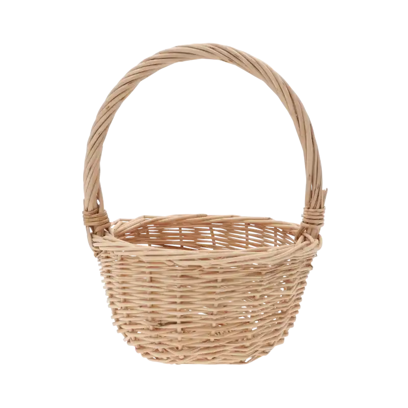 Okrągły naturalny kosz wiklinowy o średnicy 15 cm i wysokości 20 cm z rączką. Estetyczna baza na święconkę i stroiki.