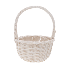 Okrągły bielony kosz wiklinowy o średnicy 15 cm i wysokości 20 cm z rączką. Naturalny koszyk na święconkę dla dzieci.