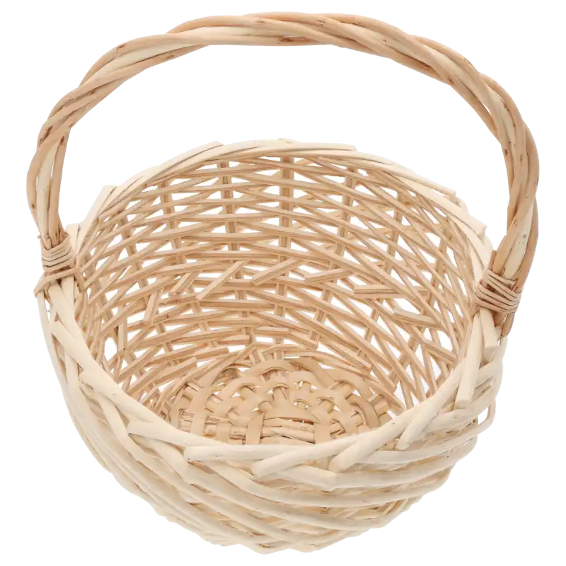 Spojrzenie z góry do wnętrza okrągłego kosza wiklinowego o średnicy 23 cm. Widoczny ażurowy splot dna i boków koszyka.