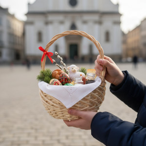 Dziecięce ręce trzymające koszyk wielkanocny z zawartością przed kościołem. Praktyczny rozmiar S na święconkę dla najmłodszych.