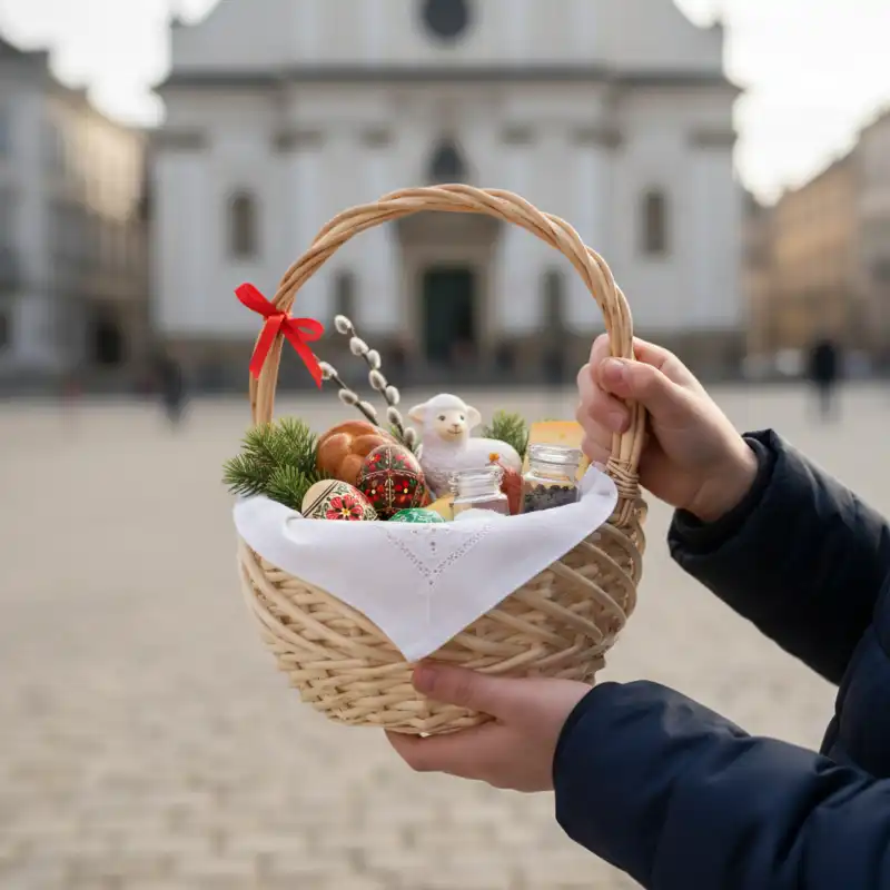 Dziecięce ręce trzymające koszyk wielkanocny z zawartością przed kościołem. Praktyczny rozmiar S na święconkę dla najmłodszych.
