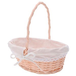 Owalny łososiowy kosz wiklinowy o wymiarach 29x22 cm z białą materiałową wkładką i ozdobną kokardą. Idealny jako koszyki na święconkę, rozmiar M.