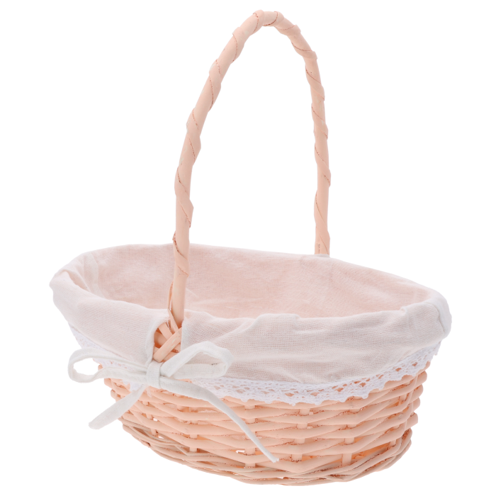 Owalny łososiowy kosz wiklinowy o wymiarach 29x22 cm z białą materiałową wkładką i ozdobną kokardą. Idealny jako koszyki na święconkę, rozmiar M.