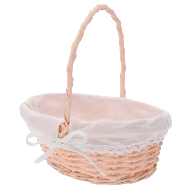Owalny łososiowy kosz wiklinowy o wymiarach 29x22 cm z białą materiałową wkładką i ozdobną kokardą. Idealny jako koszyki na święconkę, rozmiar M.