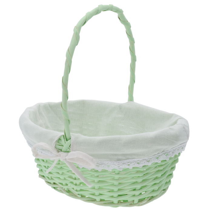 Zielony owalny kosz wiklinowy 29x22 cm z białą materiałową wkładką i dekoracyjną kokardką. Idealny koszyk na święconkę w rozmiarze M.