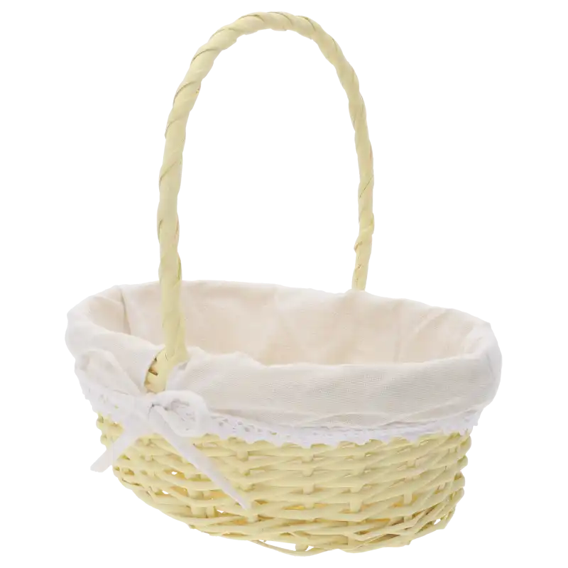 Żółty owalny kosz wiklinowy 29x22 cm w rozmiarze M. Posiada estetyczną, zdejmowaną białą wkładkę z materiału wykończoną ozdobną koronką.