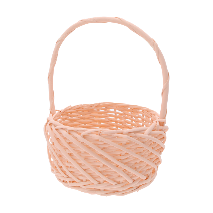 Okrągły łososiowy kosz wiklinowy 20 cm to pojemny kosz na wielkanocną święconkę i zestawy prezentowe, pastelowy kolor idealny na wiosenne dekoracje, estetyczny dodatek do domu, stołu i aranżacji świątecznych