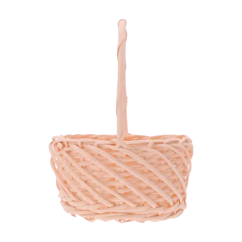 Profilowe ujęcie łososiowego kosza z wikliny. Jasny odcień pastelowy doskonale komponuje się z wiosennymi stroikami kwiatowymi.