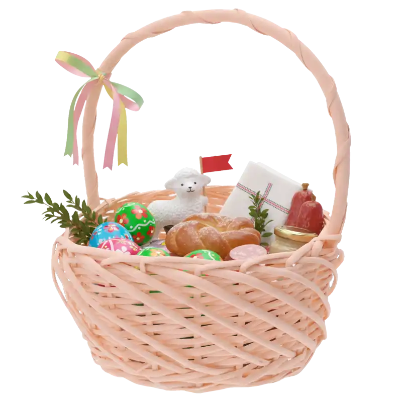 Łososiowy kosz wiklinowy ⌀ 25 cm wypełniony wielkanocnymi dekoracjami, takimi jak pisanki, baranek i drobne wypieki.