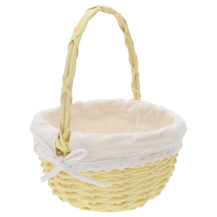 Okrągły kosz wiklinowy z materiałem ⌀ 23 cm, pojemny i praktyczny kosz na Wielkanoc, prezenty, kwiaty i delikatesy, lekki, trwały i dekoracyjny kosz w pastelowym kolorze.