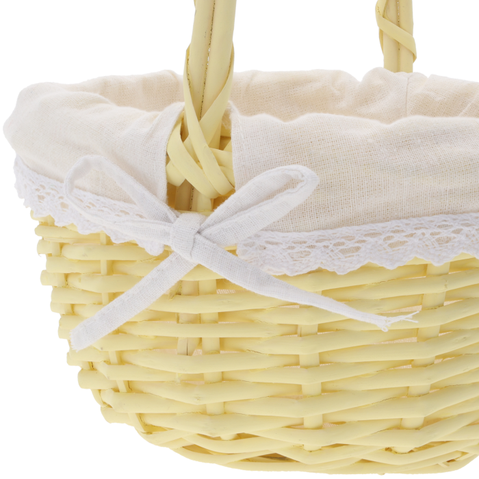Kosz wiklinowy okrągły z materiałem ⌀ 23 cm, uniwersalny kosz do święconki, zestawów prezentowych, dekoracji kwiatowych oraz przechowywania, praktyczny i estetyczny dodatek do domu.