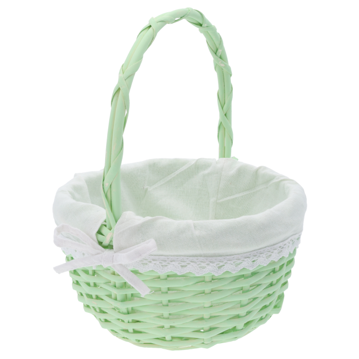 Kosz prezentowy okrągły z wikliny i materiału ⌀ 23 cm, uniwersalny kosz do Wielkanocy, dekoracji kwiatowych, delikatesów i przechowywania drobnych przedmiotów, elegancki i praktyczny.