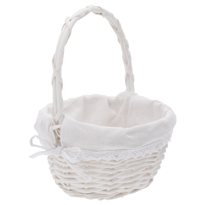 Kosz wielkanocny okrągły z wikliny i materiału ⌀ 23 cm, pojemny, trwały i lekki, dekoracyjny kosz na prezenty, kwiaty, delikatesy i aranżacje florystyczne w domu.