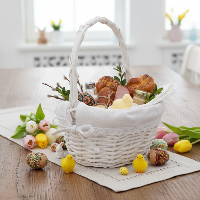 Kosz wielkanocny okrągły z wikliny i materiału ⌀ 23 cm, pojemny, trwały i lekki, dekoracyjny kosz na prezenty, kwiaty, delikatesy i aranżacje florystyczne w domu.
