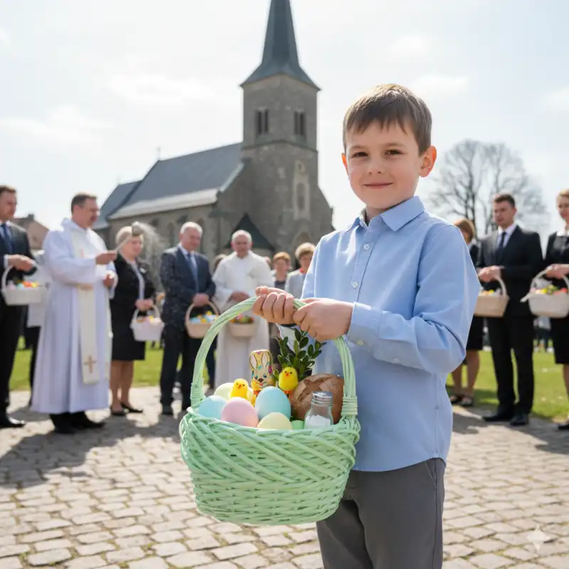 Chłopiec trzymający zielony kosz wiklinowy wypełniony produktami na święconkę przed kościołem. Praktyczna dekoracja wielkanocna dla dzieci.