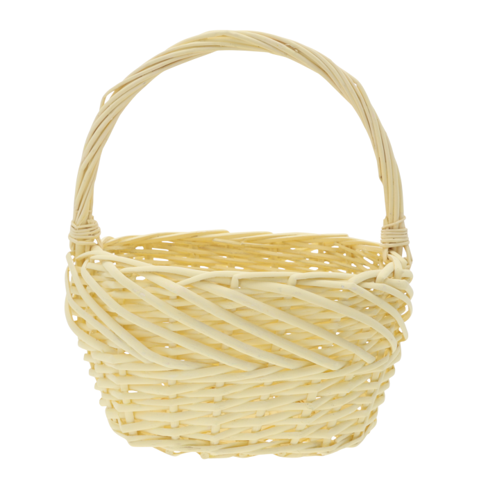 Owalny kosz wiklinowy pastelowy, pojemny kosz na stroiki i kompozycje wielkanocne, święconkę, owoce i prezenty, lekki, praktyczny i dekoracyjny.