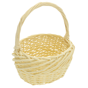 Owalny kosz wiklinowy w rozmiarze M widziany z boku, prezentujący lekki kształt i pastelową kolorystykę.