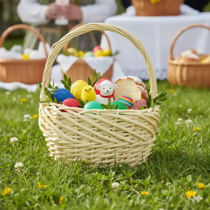 Wielkanocna aranżacja z żółtym koszem wiklinowym ustawionym na zielonej trawie w ogrodzie, w otoczeniu innych koszy.