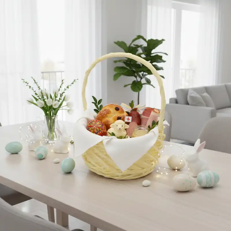 Aranżacja wnętrza z żółtym koszem wiklinowym ⌀ 25 cm na stole, obok tulipany i wielkanocne dekoracje z jajkami.