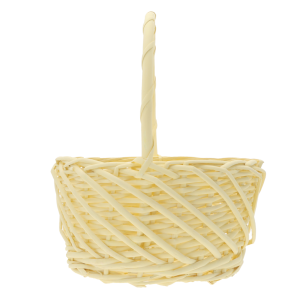 Pusty okrągły kosz wiklinowy w pastelowym żółtym odcieniu o średnicy 25 cm, prezentowany na czystym tle.